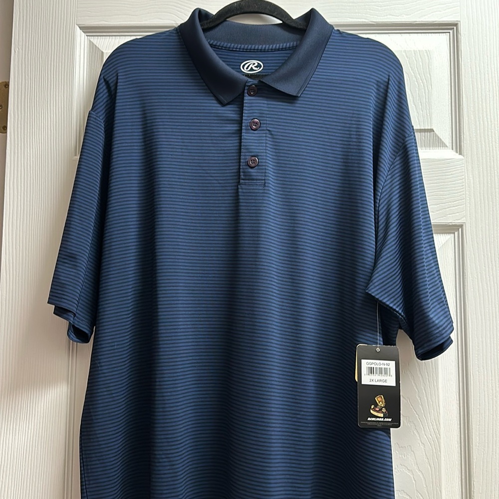 NWT Rawlings Men’s gold glove Polo black and dark blue striped, Size 2xl